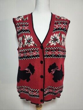 Alfred Dunner Red Holiday Knit Vest with Scottie Dog Motif